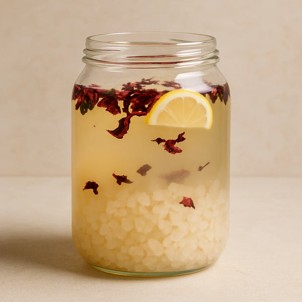 A clear glass jar filled with water kefir grains fermenting in liquid, with colorful fruit pieces floating inside, set against a bright and natural background.