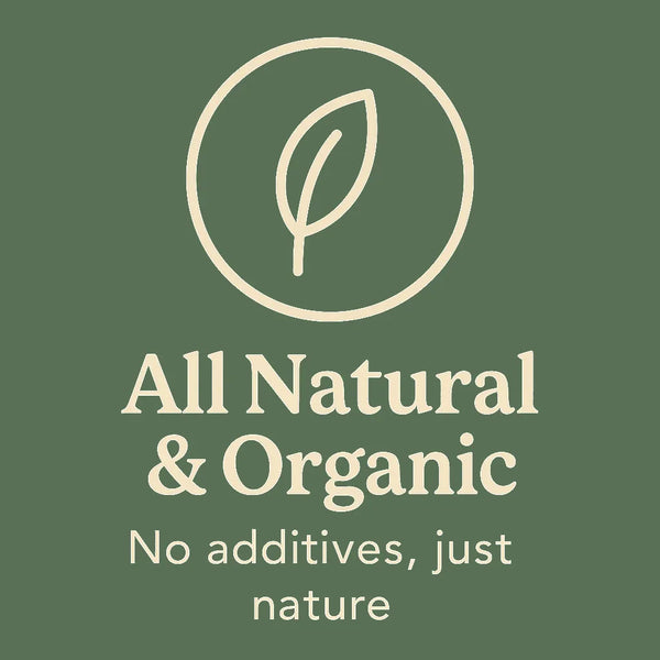 Cream line art leaf inside a circle on green background with text All Natural & Organic – No additives, just nature.