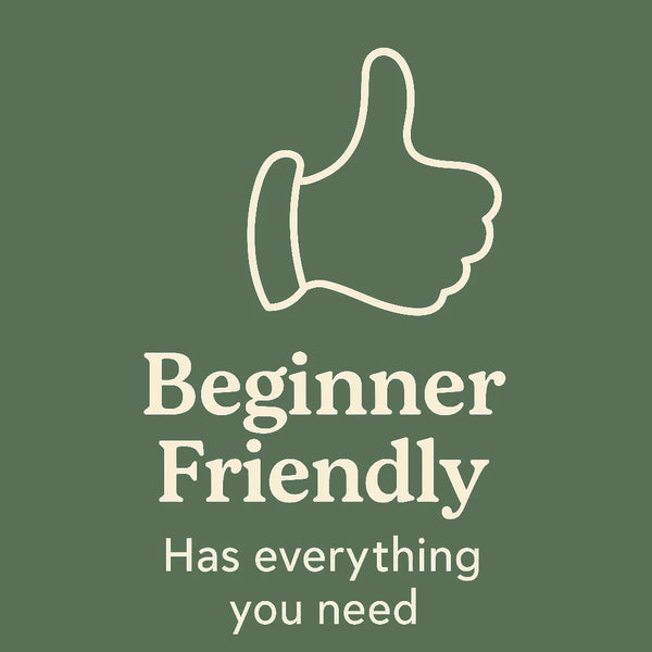 Minimalist cream line art thumbs up icon on green background with text Beginner Friendly – Has everything you need.