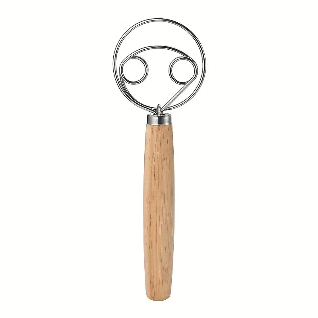 Danish dough whisk with stainless steel head and wooden handle
