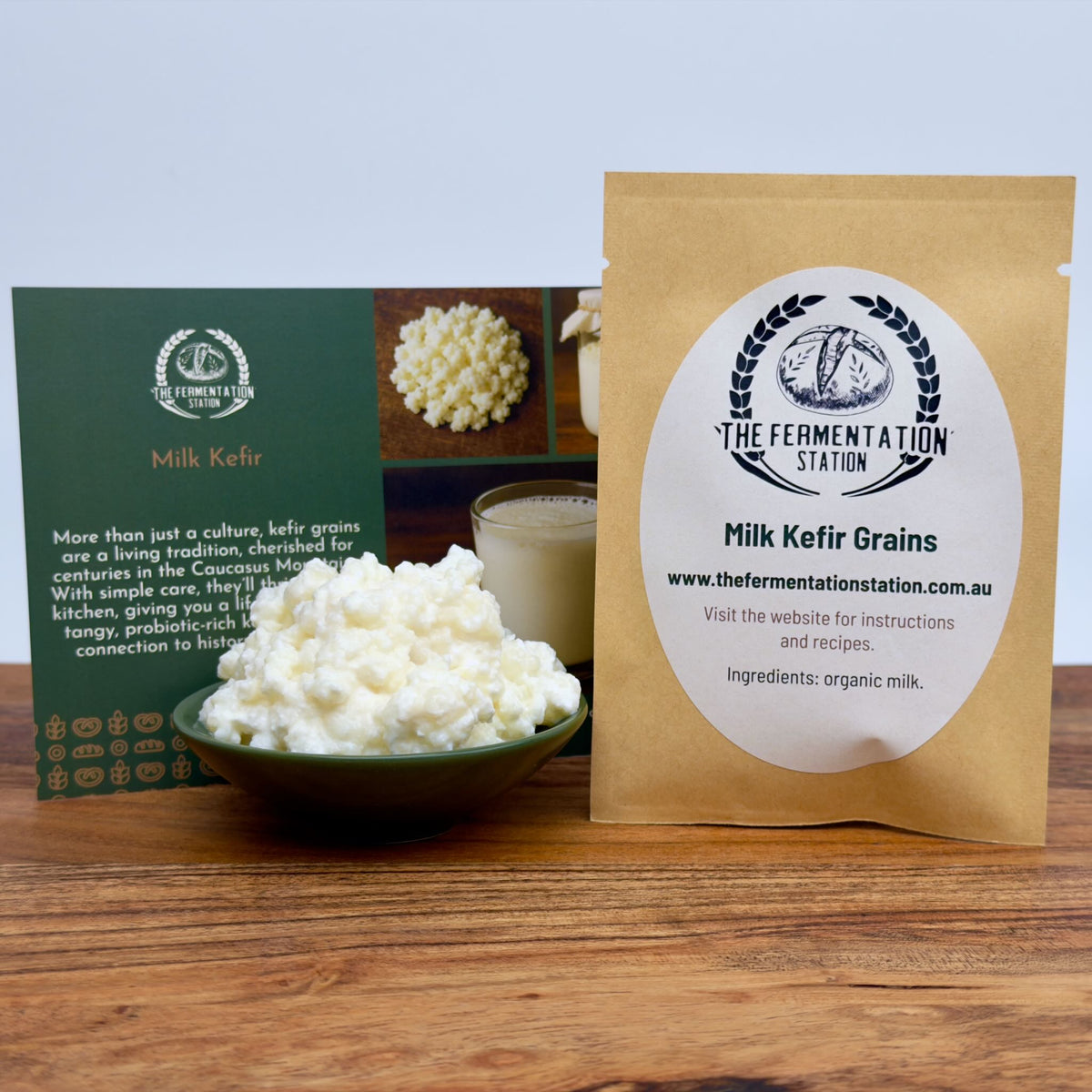 Milk kefir grains starter kit with organic live cultures, packaging and instructions by The Fermentation Station – shipped fresh Australia wide