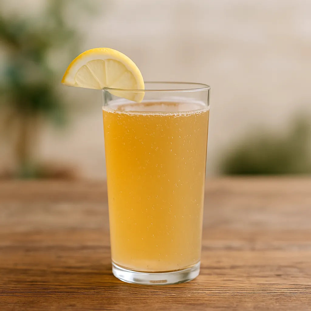 A tall clear glass of golden, bubbly water kefir sitting on a rustic wooden table, captured in natural light.
