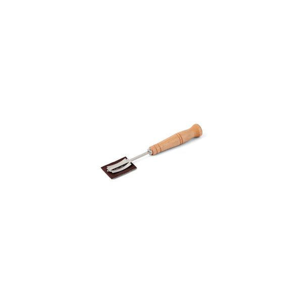 Horizontal image of long handled wooden bread lame with protective sheath.